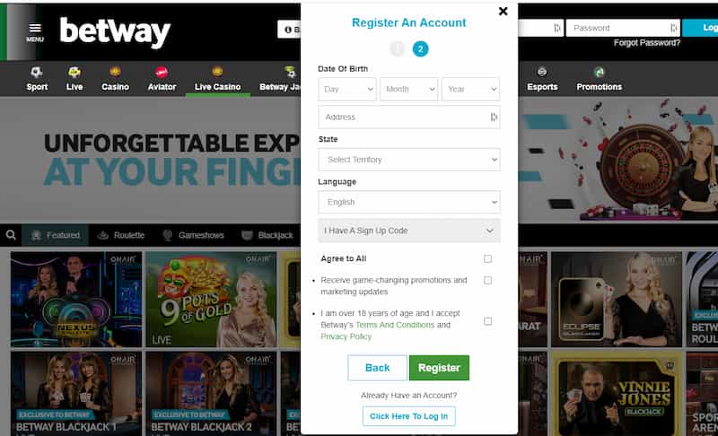 Betway Casino Registration Page